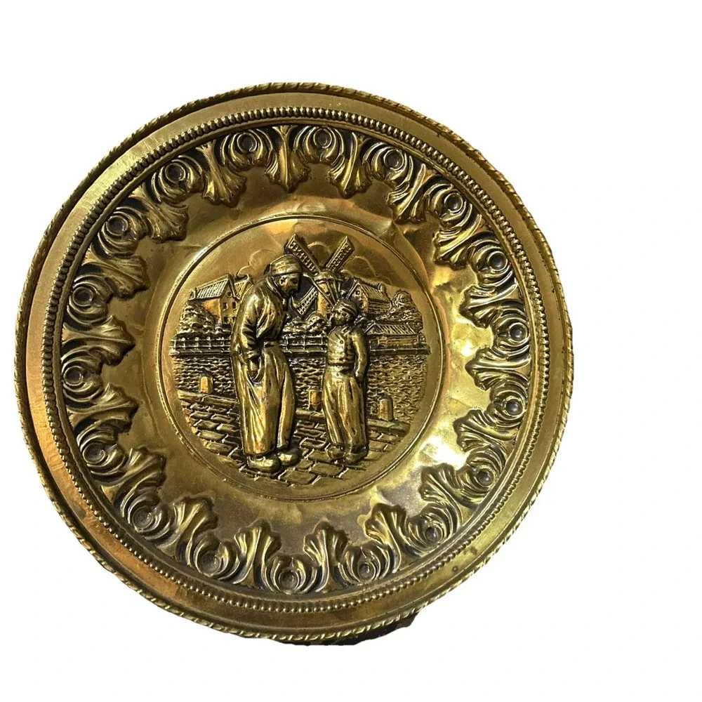 Vintage European Brass Wall Plates – Matched Pair Dutch  Scenes 12